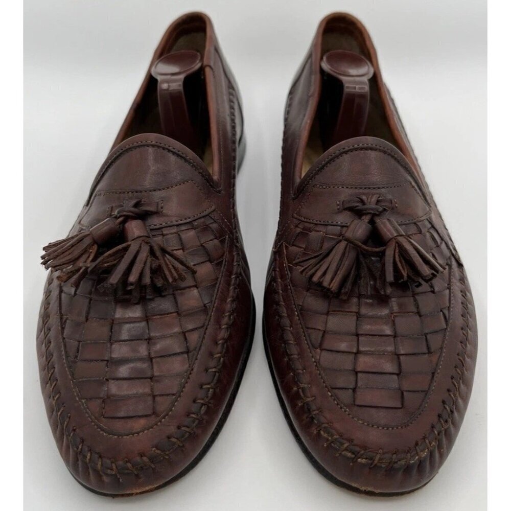 Santoni Italy Handwoven Stitched Brown Leather Tassell Loafers Men Size 9D